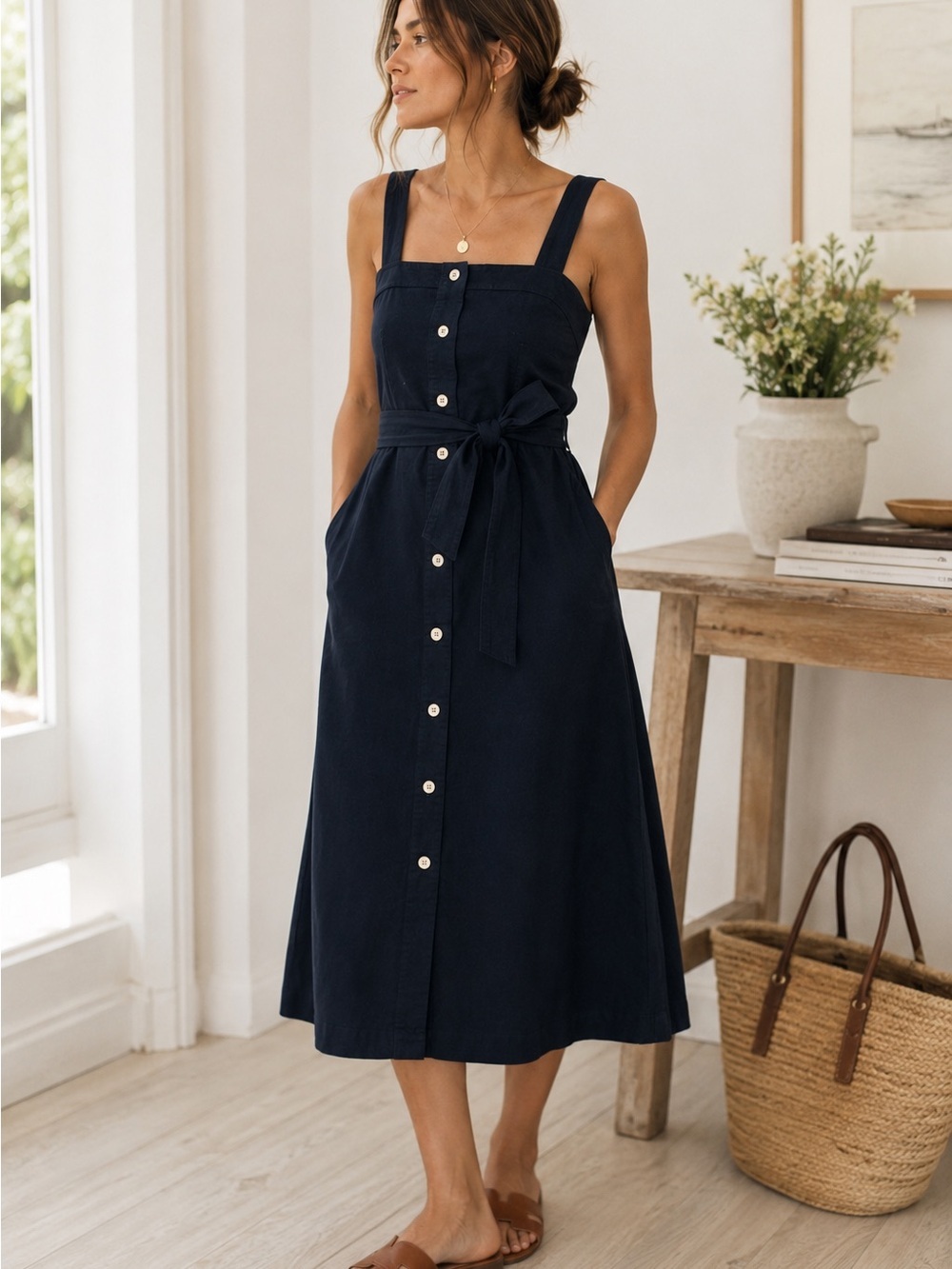 Everlane The Cotton Picnic Dress Navy Button Front Tie Waist Midi Dress